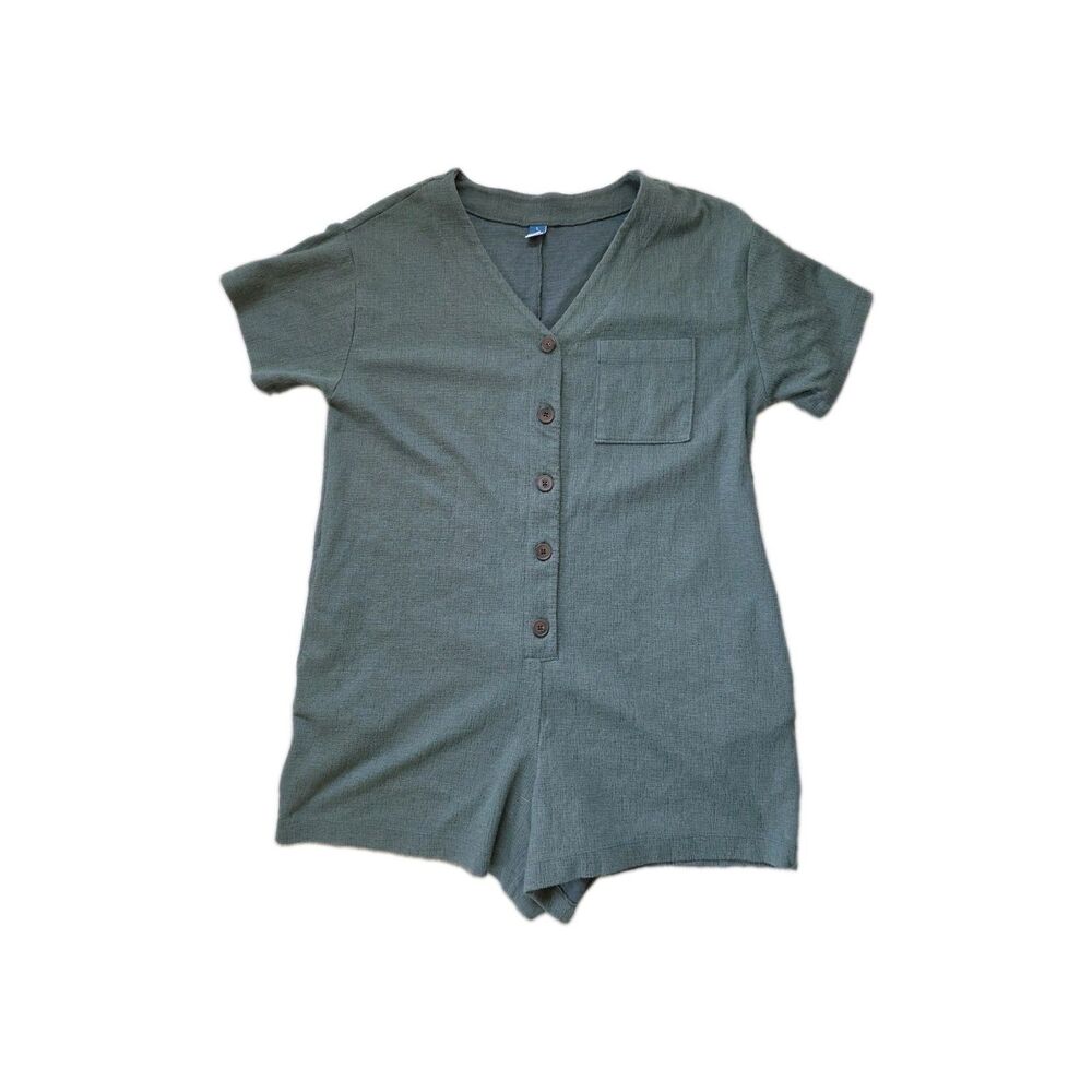Old Navy Green Textured Knit Romper Large Short Sleeve V Neck Button Front EUC